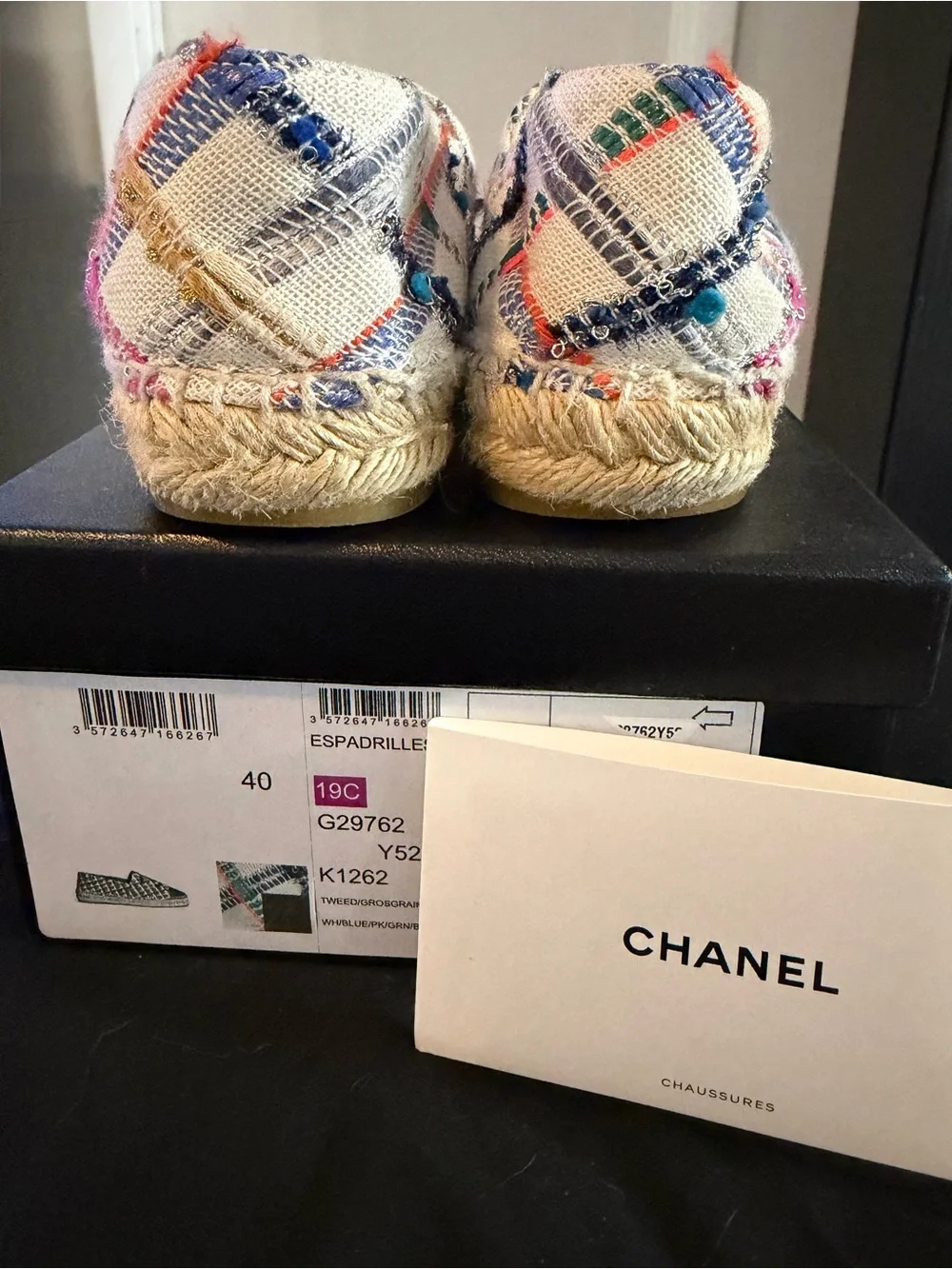 Authentic CHANEL Multicolor Tweed Espadrilles with Black Cap Toe
